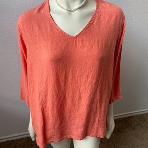 Match Point Top Women Orange 100% Linen V Neck 3/4 Sleeve Casual Ladies Top L